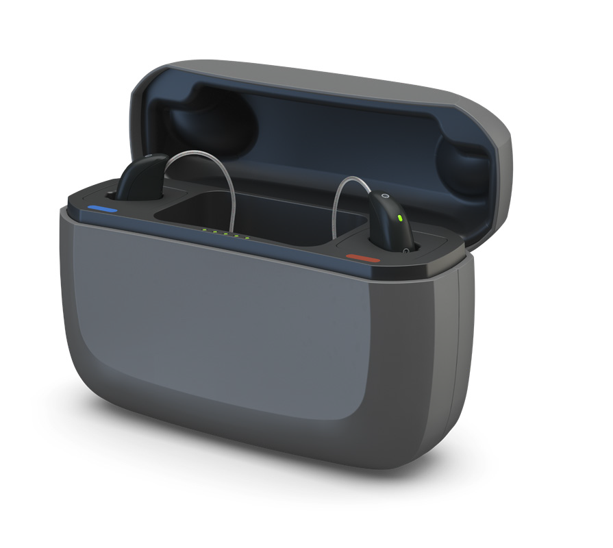  A gray charging case for ReSound Vivia hearing aid, opened to reveal two black hearing devices nestled inside. The case has a blue interior and charging indicators, designed for convenient storage and recharging of the hearing devices.